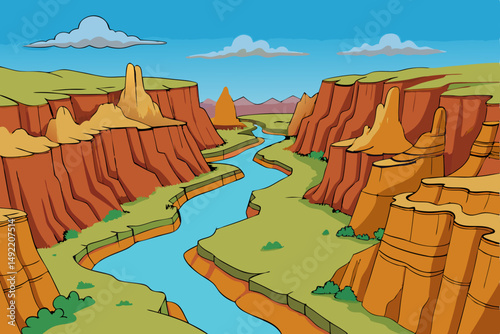 Canyon with winding river flowing through rugged terrain vector illustration