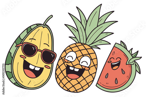 13 a bunch of happy tropical fruits with sunglasses, smiling, colorful, whimsical, cartoon-style, vibrant, detailed, digital art