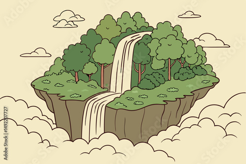 Floating island with waterfalls cascading into ocean vector illustration