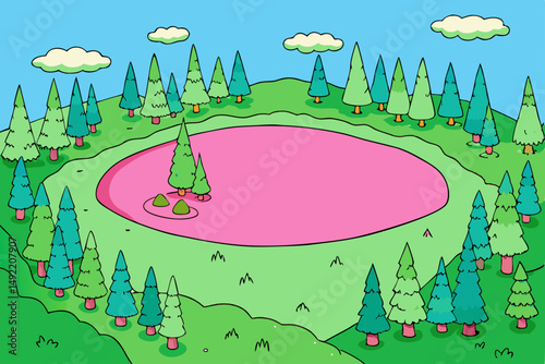 Pink lake surrounded by lush green forests vector illustration