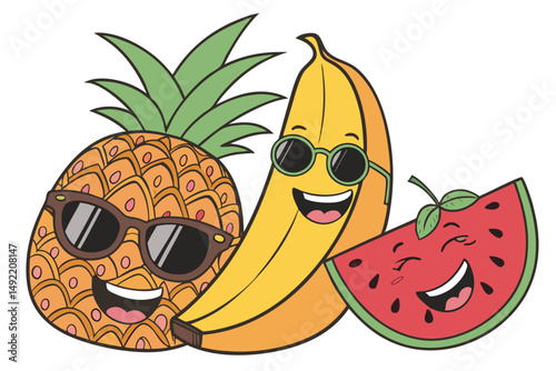 13 a bunch of happy tropical fruits with sunglasses, smiling, colorful, whimsical, cartoon-style, vibrant, detailed, digital art