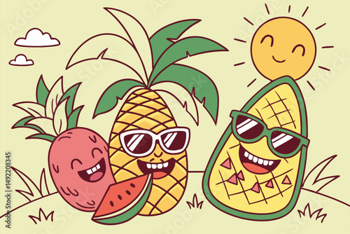 13 a bunch of happy tropical fruits with sunglasses, smiling, colorful, whimsical, cartoon-style, vibrant, detailed, digital art