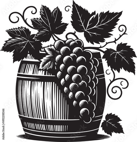 Black and white illustration of grapes and leaves on a wine barrel design element