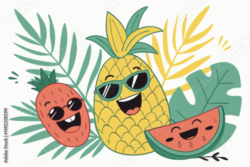 13 a bunch of happy tropical fruits with sunglasses, smiling, colorful, whimsical, cartoon-style, vibrant, detailed, digital art