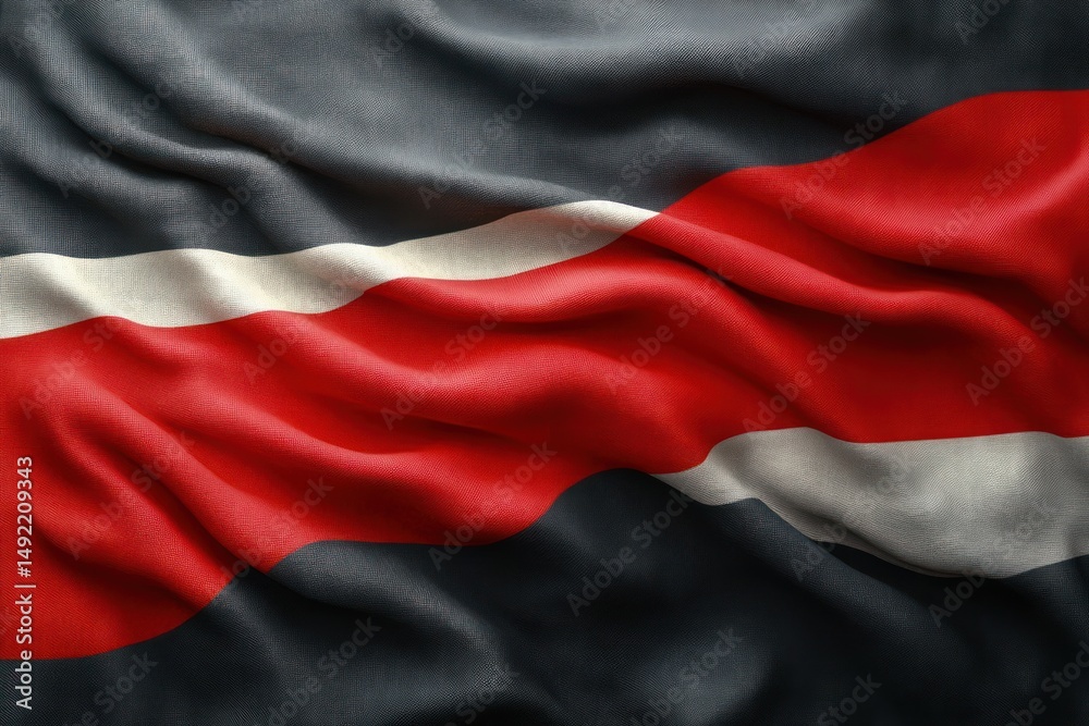 Close-up of a wrinkled fabric with horizontal stripes in black, white, and red colors creating a textured pattern Close-up of a wrinkled fabric with horizontal stripes in black, white, and red colors creating a textured pattern