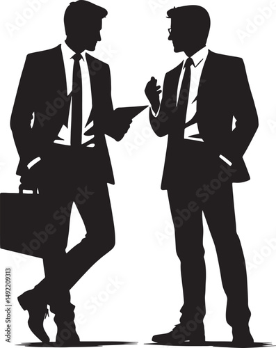 Two businessmen in silhouette discussing business holding a briefcase and a tablet
