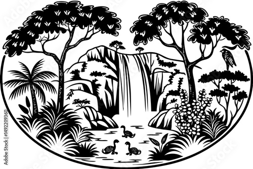 Dense jungle with hidden waterfall and exotic plants vector illustration