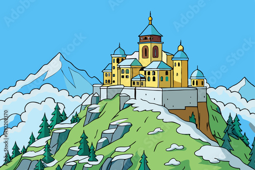 Distant monastery atop snowy peak vector illustration