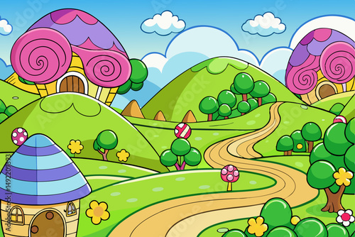 Fairytale landscape with rolling green hills vector illustration