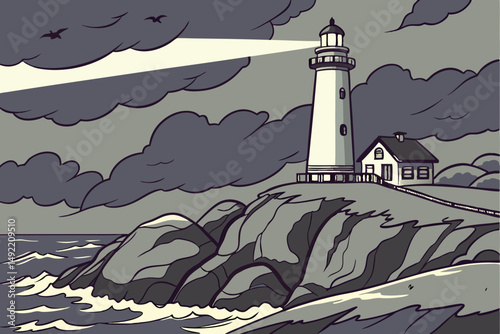 Lonely lighthouse on rocky cliff vector illustration