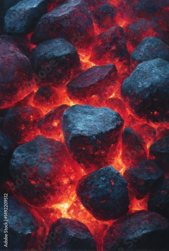 Bright red coals radiate warmth against a backdrop of dark stones. The heat creates a mesmerizing glow, showcasing the contrast between orange and black, capturing a moment of intense energy