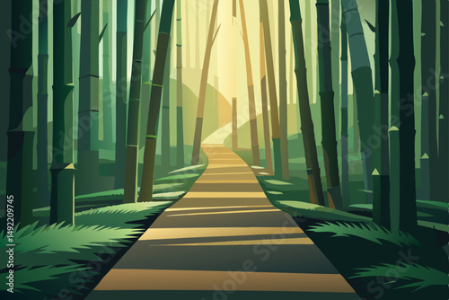 Path through bamboo forest with sunlight filtering vector illustration