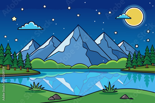 Peaceful mountain lake reflecting starry night vector illustration