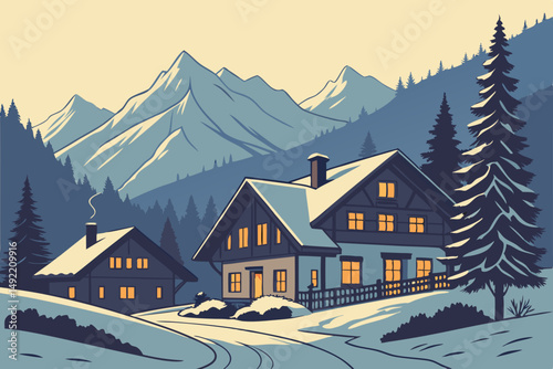 Snowy village nestled in glowing mountain scene vector illustration