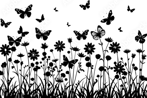 Wildflower meadow with butterflies fluttering vector illustration