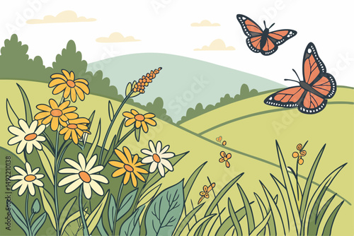 Wildflower meadow with butterflies in full bloom vector illustration