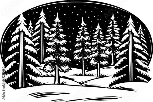 Monochrome snowy fir tree forest vector illustration