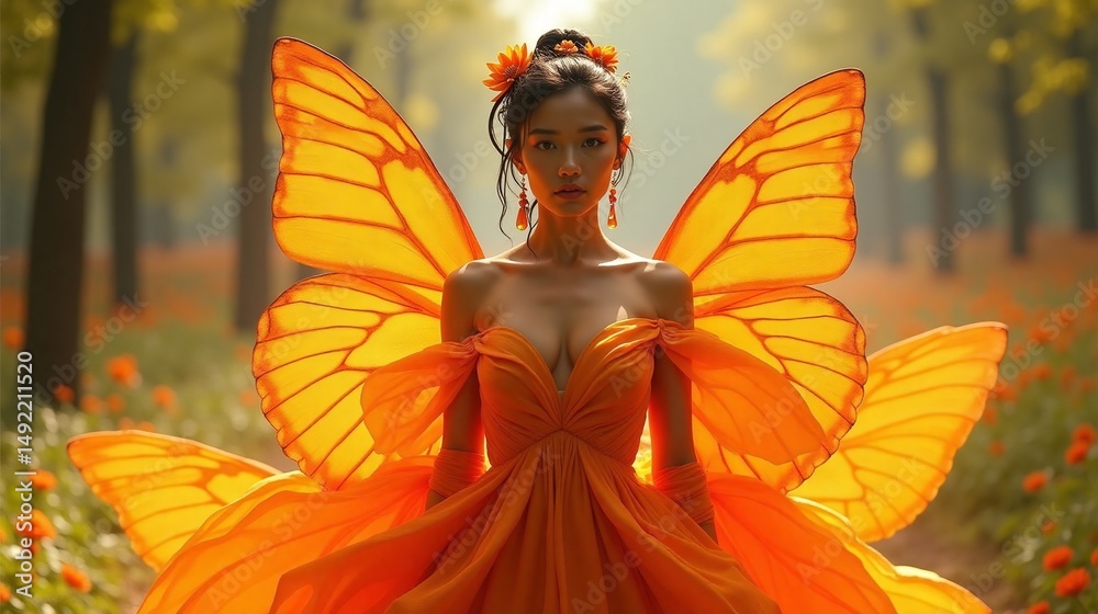 Fototapeta premium Enchanting Fairy in an Orange Dress with Butterfly Wings