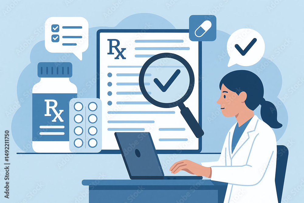 A professional female pharmacist reviews a prescription on her laptop, surrounded by medication images and checklists, emphasizing healthcare efficiency and accuracy in medication