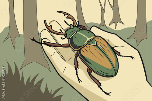 15 closeup of a hand holding a large stag beetle insect, intricate detail, macro photography, shallow depth of field, natural light, outdoor forest scene, beautiful colors