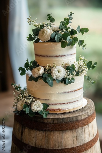 Two-tiered white frosted cake decorated with white flowers and green eucalyptus leaves placed on a wooden barrel in a softly lit room