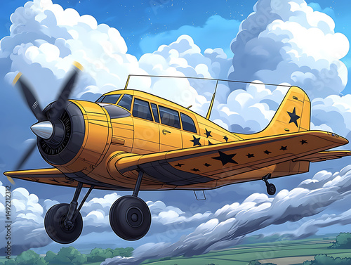 Vibrant illustration of a yellow propeller plane soaring through fluffy white clouds against a bright blue sky.
