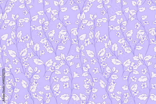 Seamless vector pattern featuring delicate violet wild floral stems elements on a purple, lavender background. Design is elegant and versatile, suitable for textiles, prints, stationery, packaging