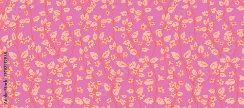 Seamless vector pattern with hand drawn orange floral branches on a vivid pink background. Colorful summer ornament for fabrics, packaging, stationery, print designs