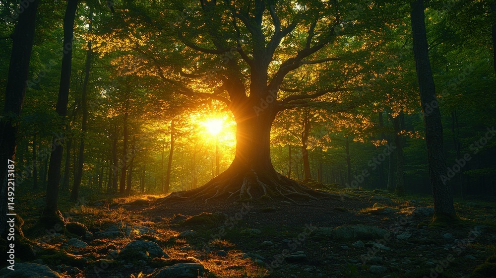 Fototapeta premium Majestic ancient tree bathed in golden sunlight (1)