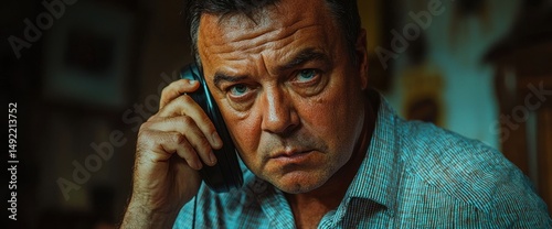 Serious man on phone