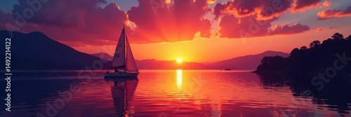Fiery sunset paints Lake Superior; sailboat silhouetted , majestic, purple