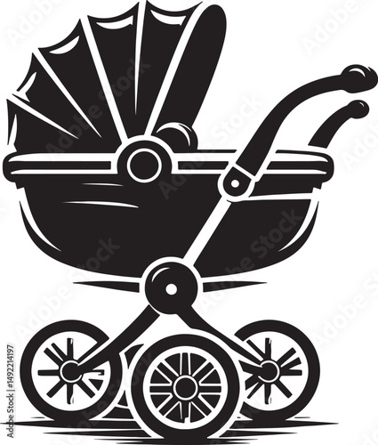 Illustration of a black baby stroller with canopy on a white background design