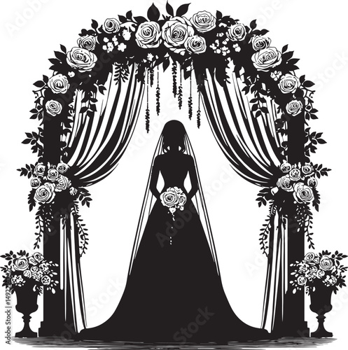 Silhouette of a bride holding a bouquet under a floral arch with white roses and drapes