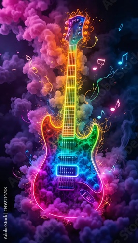 Neon Electric Guitar with Musical Notes in Colorful Smoke and Sparks – High Detail Dreamy Background