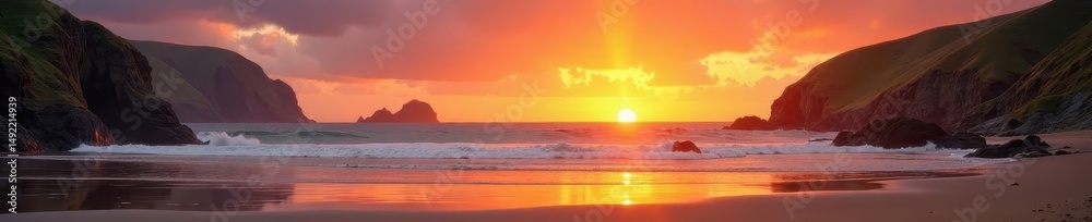 Fototapeta premium Golden sunset paints Holywell Bay's sands, spring hues , England, majestic
