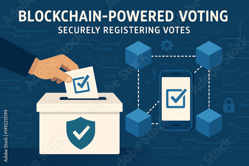 Obraz na płótnie This illustration depicts a blockchain-powered voting system. A hand places a vote into a secure ballot box, emphasizing transparency and security in digital democracy. w salonie