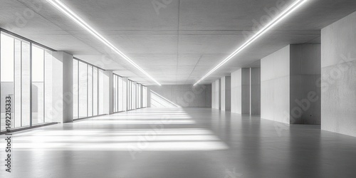 Spacious empty modern interior with large glass windows allowing bright natural light and long shadows on smooth floor creating a serene and minimalist atmosphere