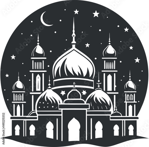 Eid Mubarak Silhouette, Crescent Moon and Lantern Vector