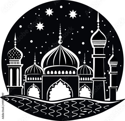 Eid Mubarak Silhouette, Crescent Moon and Lantern Vector