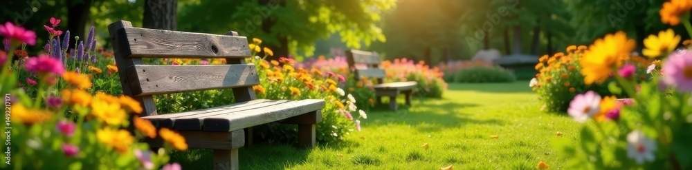 Fototapeta premium Rustic wooden bench in colorful flower garden, summer sunlight , floral display, bloom