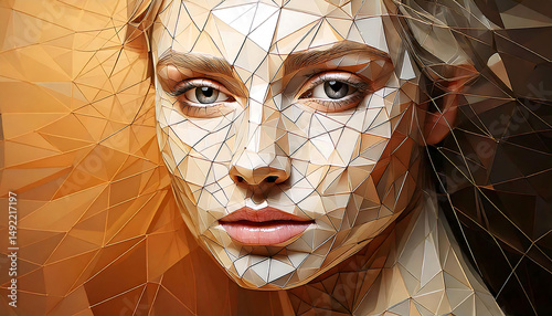 Stunning low-poly portrait of a woman's face, rendered in warm gold and beige tones.  The geometric design creates a modern, artistic feel, perfect for beauty, technology, or fashion projects.