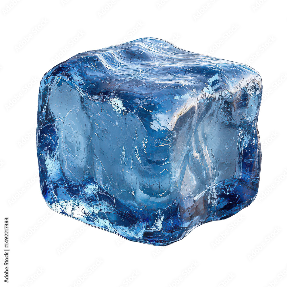 Fototapeta premium A single blue ice cube isolated on transparent background, png
