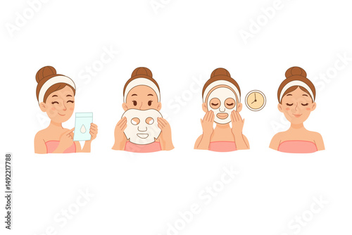 Girl applying moisturizing face sheet mask in skincare steps