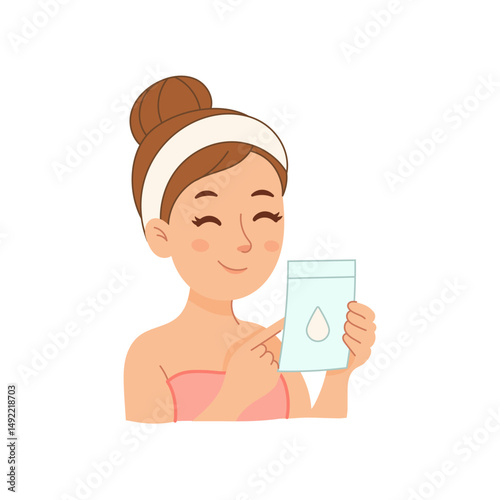 Girl holding moisturizing sheet mask pack and smiling softly