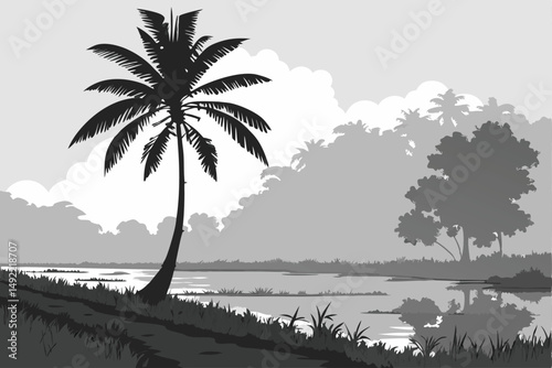 100 1 palm tree, tropical landscape, moody, black and white, minimalist, cinematic, dramatic lighting, serene, tranquil, reflective water, atmospheric, mist, fog, overcast skies, beauty in simplicity,