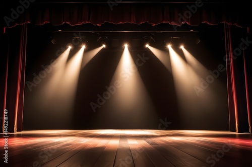 Dramatic shot of a vacant stage, spotlight beams highlighting the luxurious textures of the wooden floor and velvet curtains