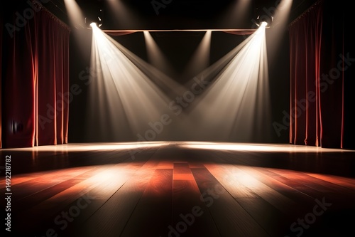 Cinematic image of a dimly lit stage, featuring spotlights illuminating the luxurious wooden floor and velvet curtains in warm tones
