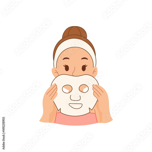 Young woman preparing to apply sheet mask on face