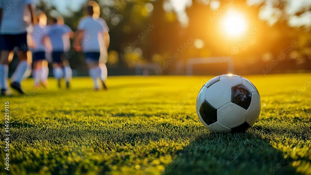 A soccer ball lies on green grass while kids in sportswear run in the blurred sunlit background
