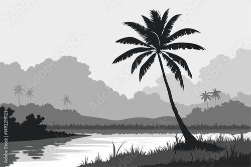 100 1 palm tree, tropical landscape, moody, black and white, minimalist, cinematic, dramatic lighting, serene, tranquil, reflective water, atmospheric, mist, fog, overcast skies, beauty in simplicity,